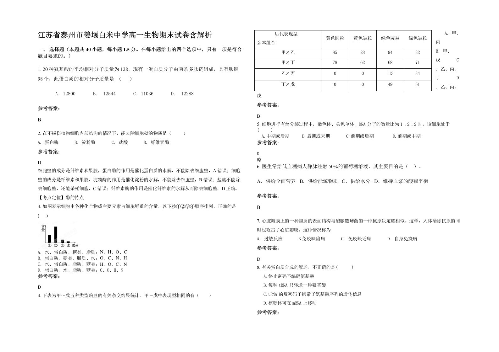 江苏省泰州市姜堰白米中学高一生物期末试卷含解析