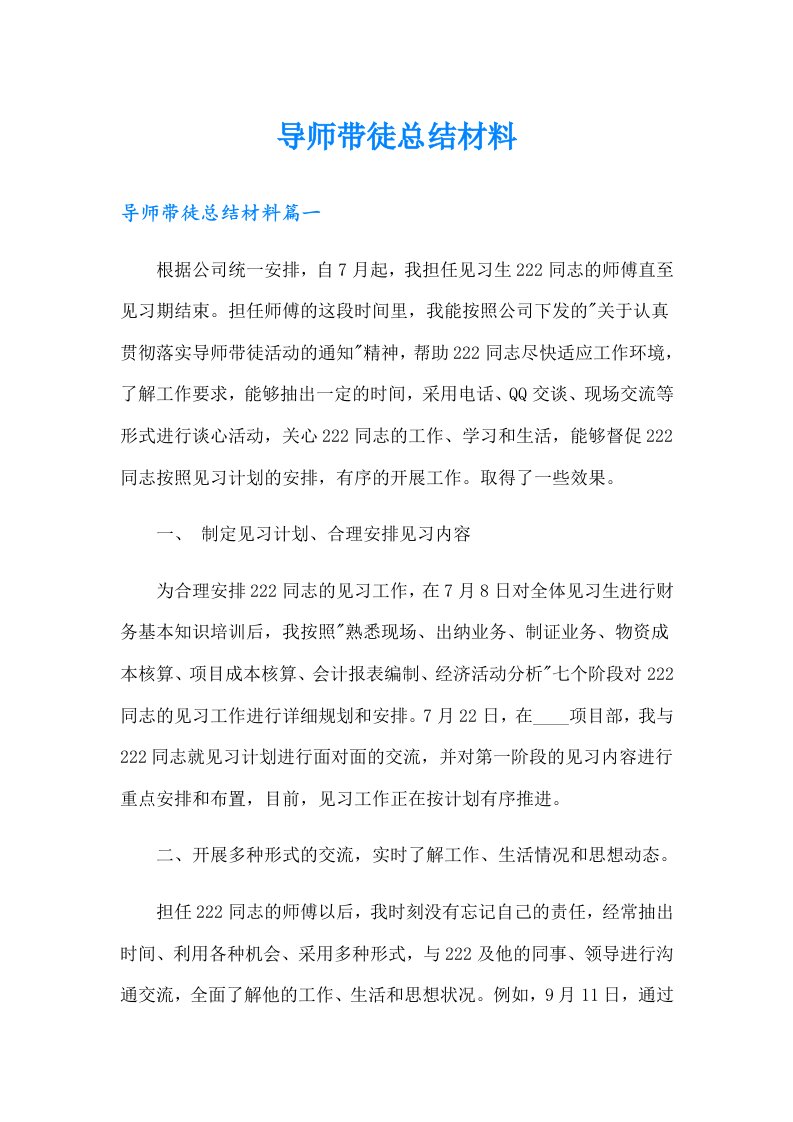 导师带徒总结材料