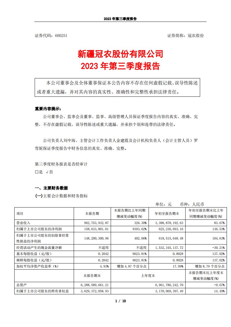 上交所-新疆冠农股份有限公司2023年第三季度报告-20231026