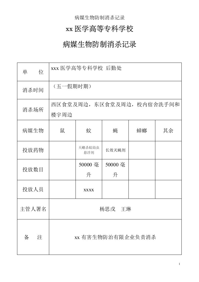 病媒生物防制消杀记录