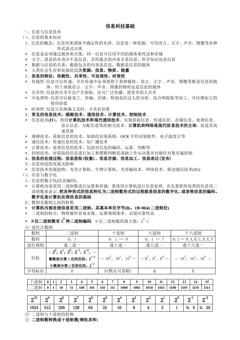 高一信息科技合格考知识点