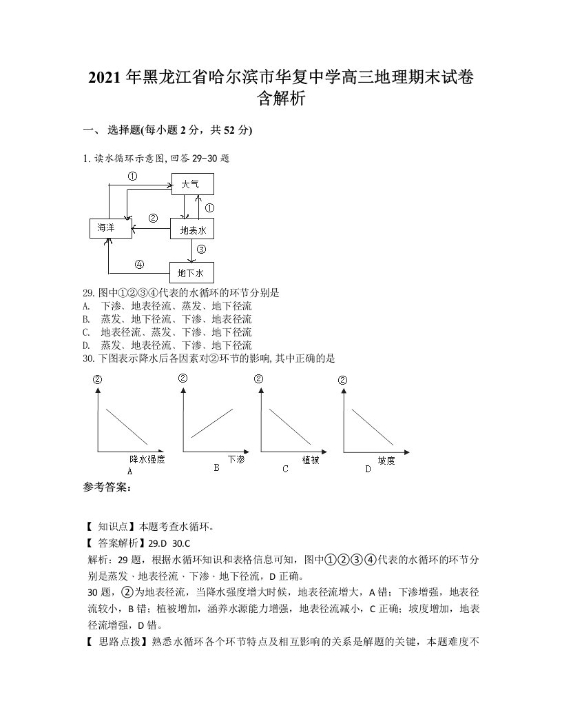 2021年黑龙江省哈尔滨市华复中学高三地理期末试卷含解析