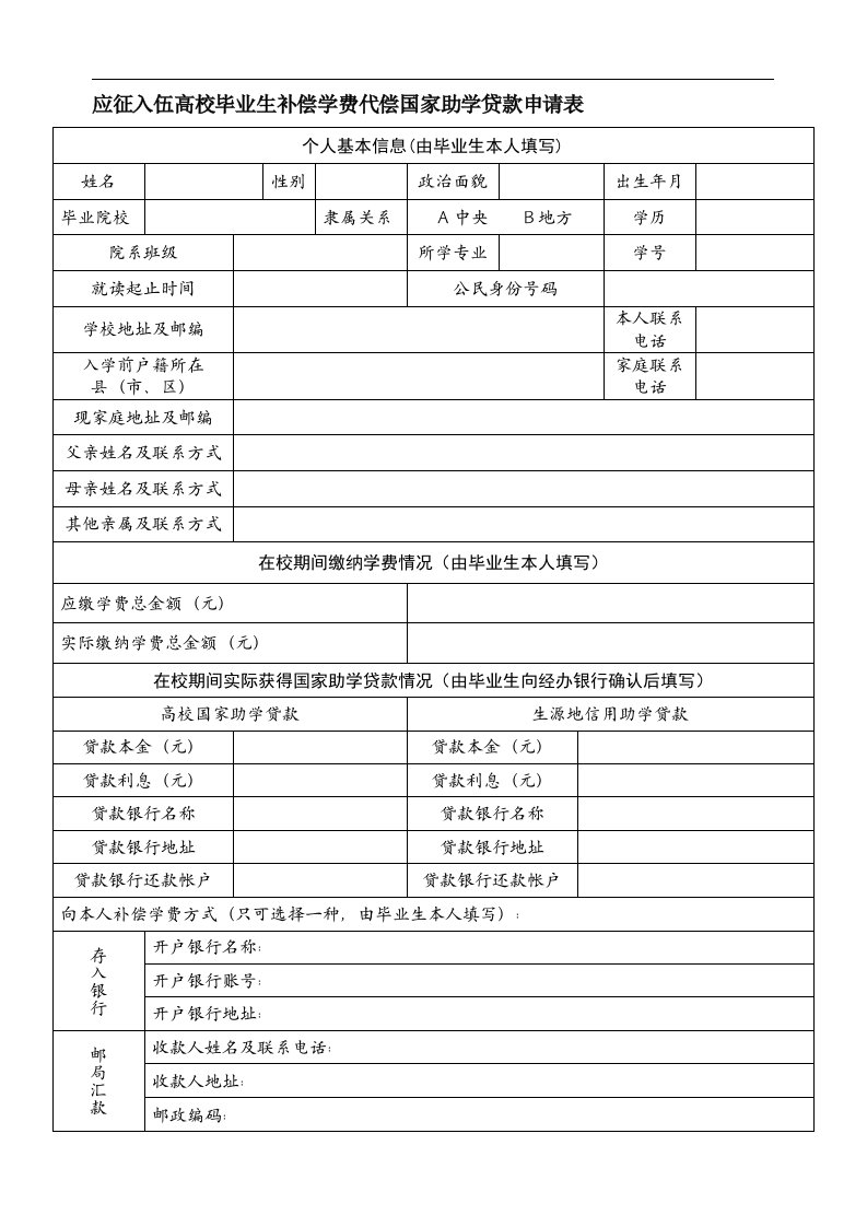 应征入伍高校毕业生补偿学费代偿国家助学贷款申请表