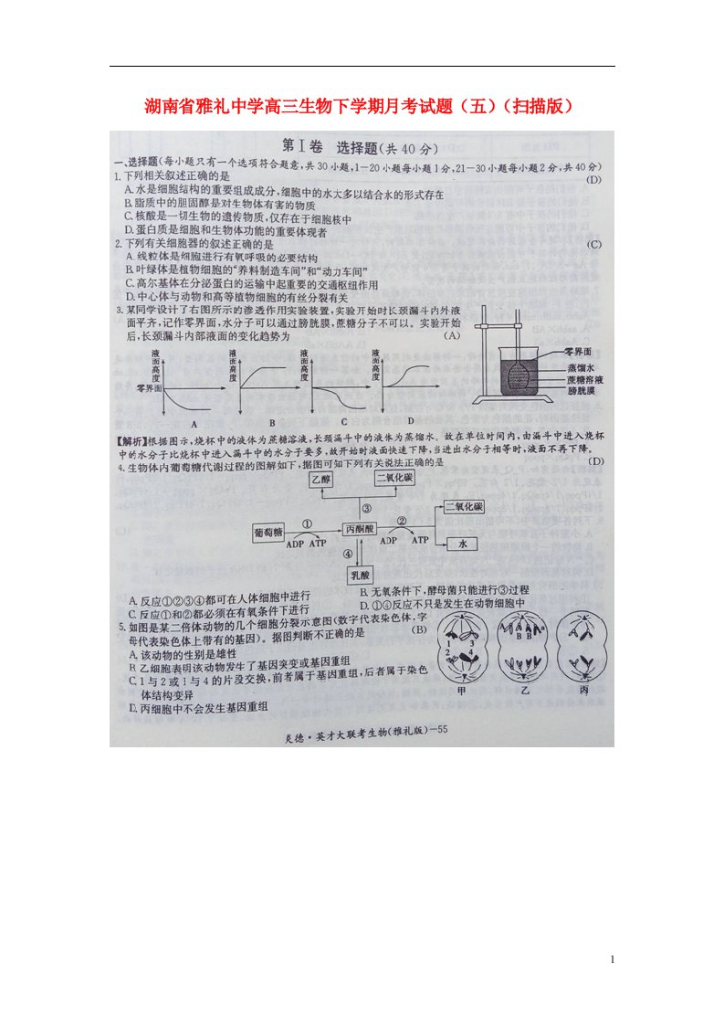 湖南省雅礼中学高三生物下学期月考试题（五）（扫描版）