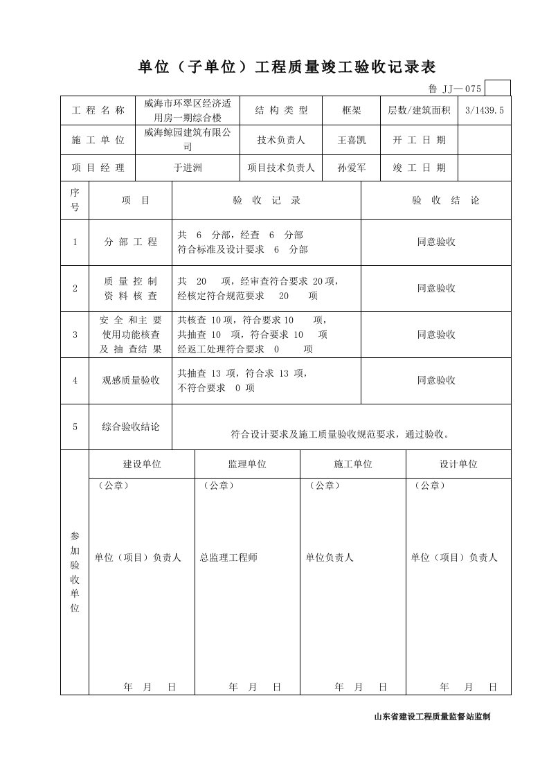 鲁JJ-075单位(子单位)工程质量竣工验收记录