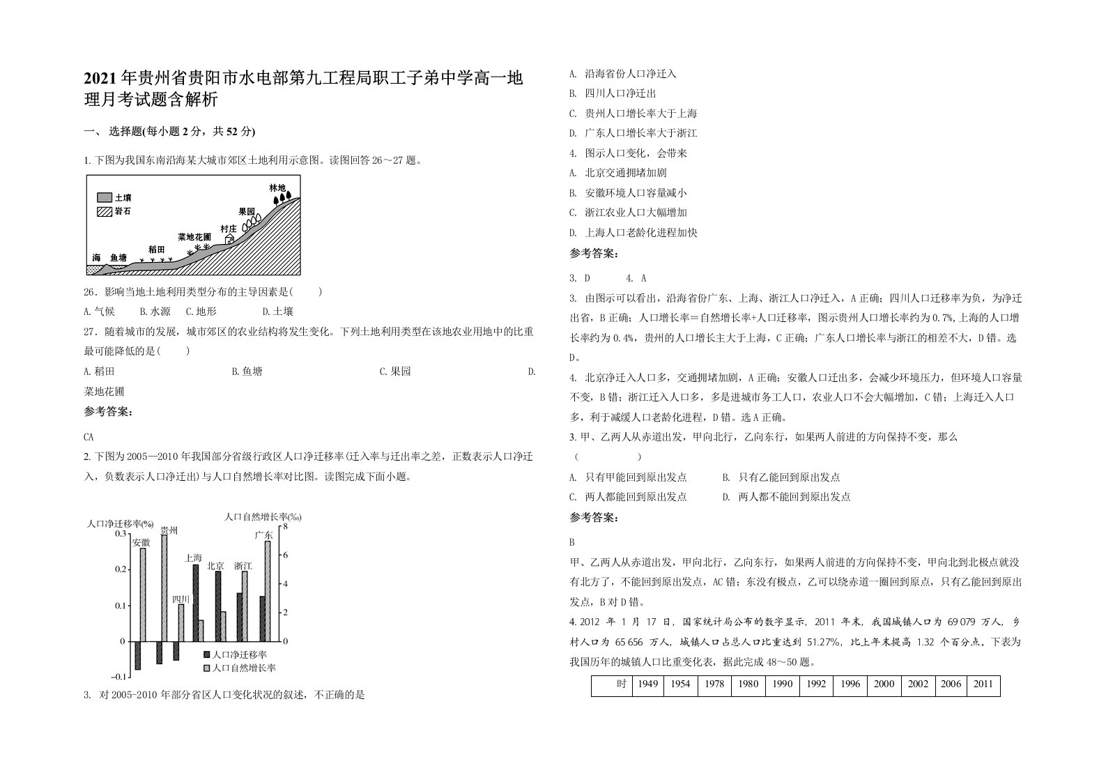 2021年贵州省贵阳市水电部第九工程局职工子弟中学高一地理月考试题含解析