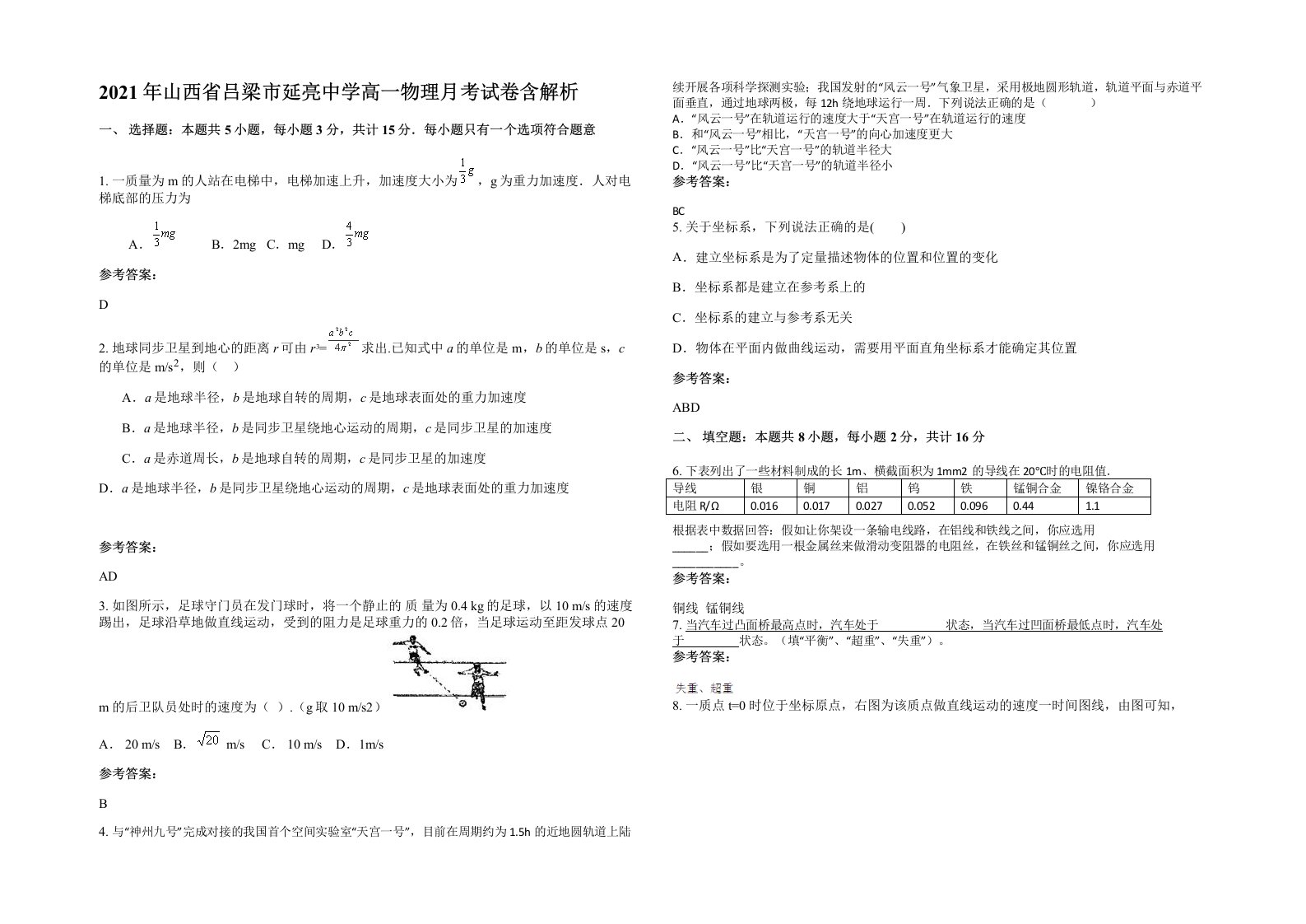 2021年山西省吕梁市延亮中学高一物理月考试卷含解析