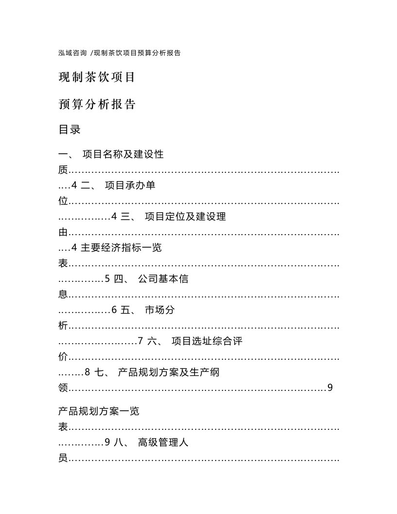 现制茶饮项目预算分析报告（模板）