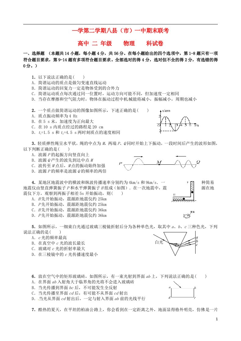 福建省福州市八县高二物理下学期期末考试试题