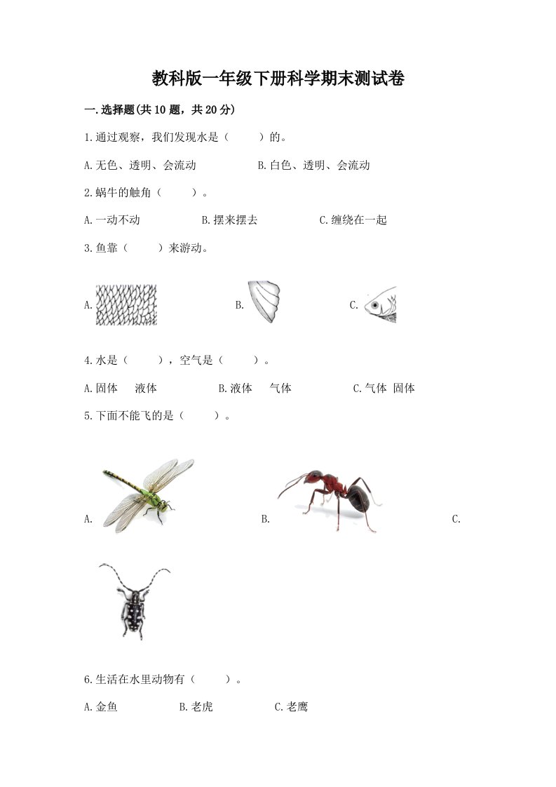 教科版一年级下册科学期末测试卷及答案（各地真题）