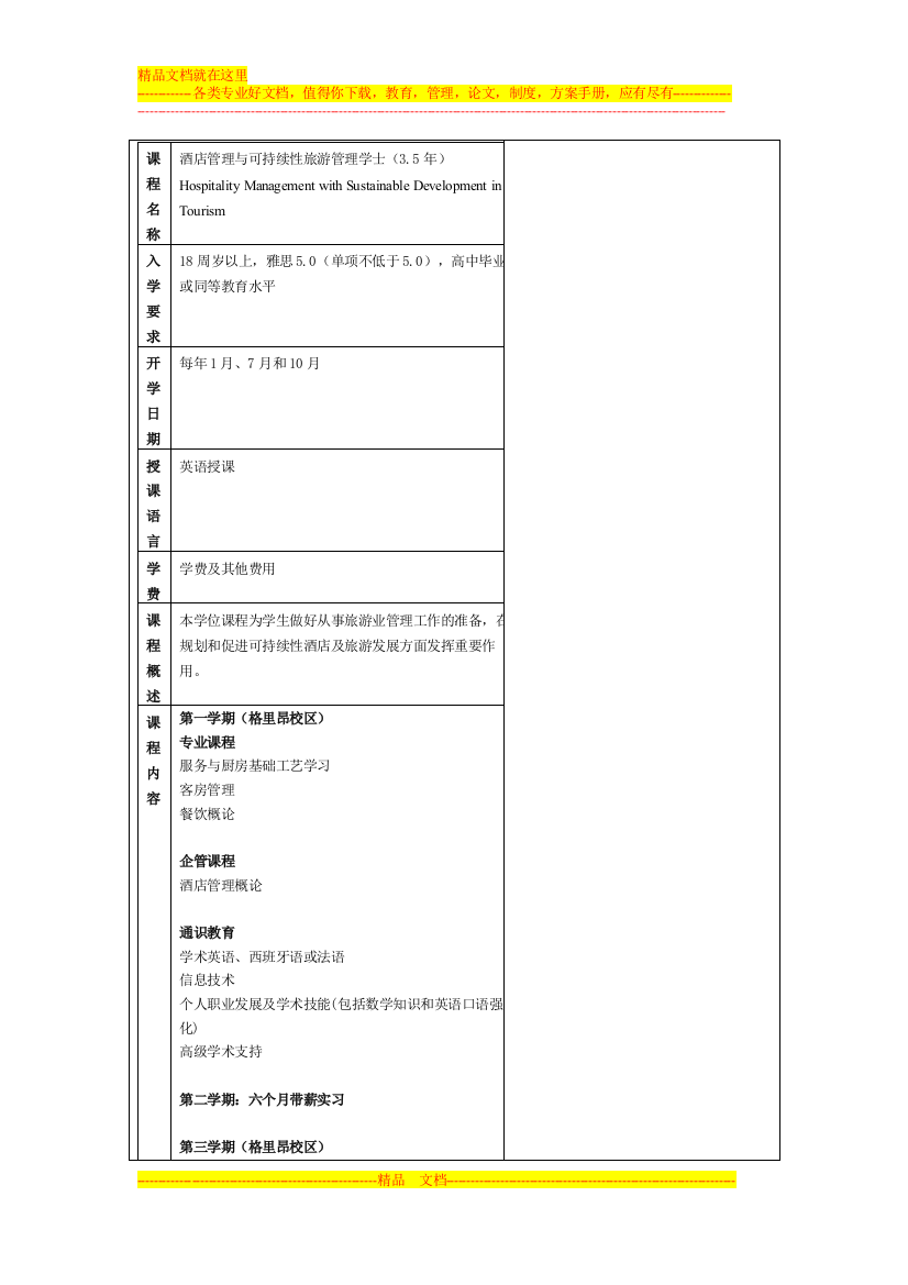 格里昂酒店管理学院酒店管理与可持续性旅游管理本科