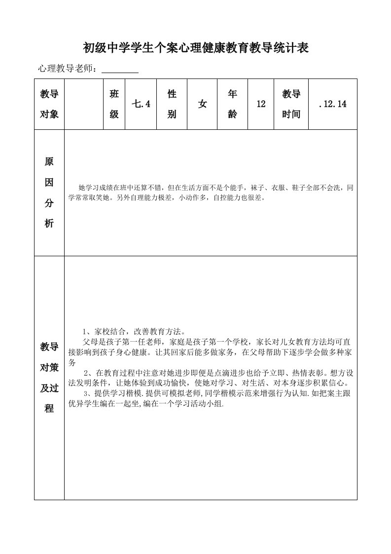 初级中学学生心理健康教育个案辅导记录表样稿