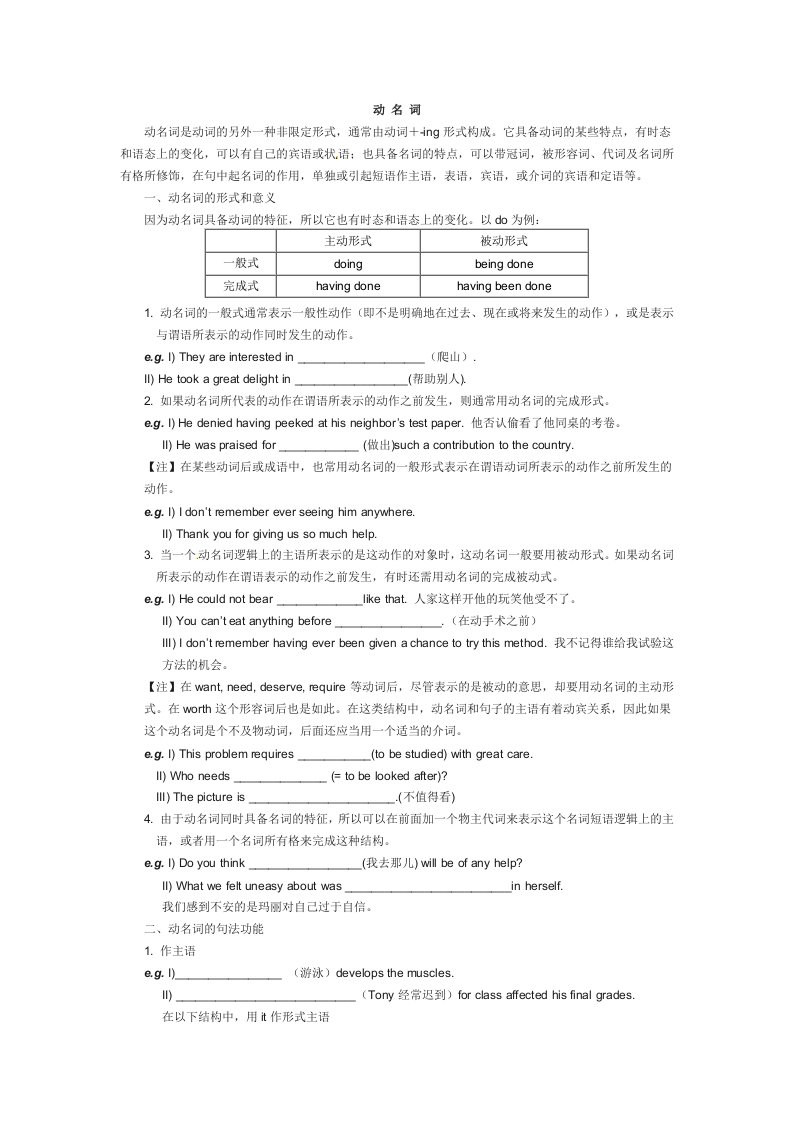 江苏省昆山震川高级中学高二英语《动名词》语法基础知识