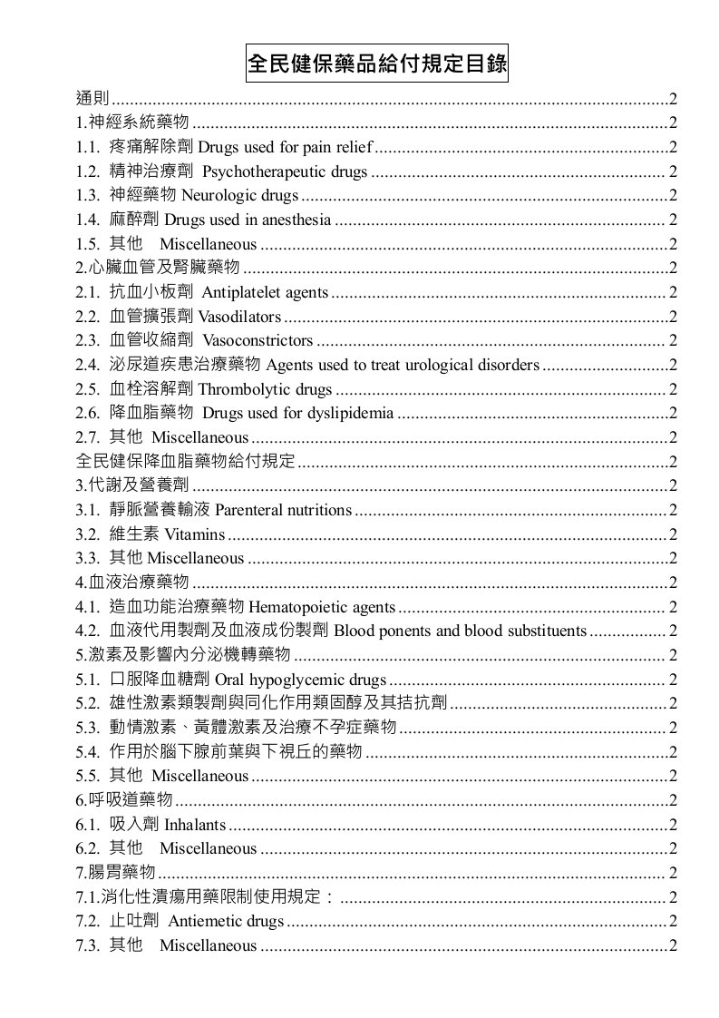 医疗行业-全民健保药品给付规定目录