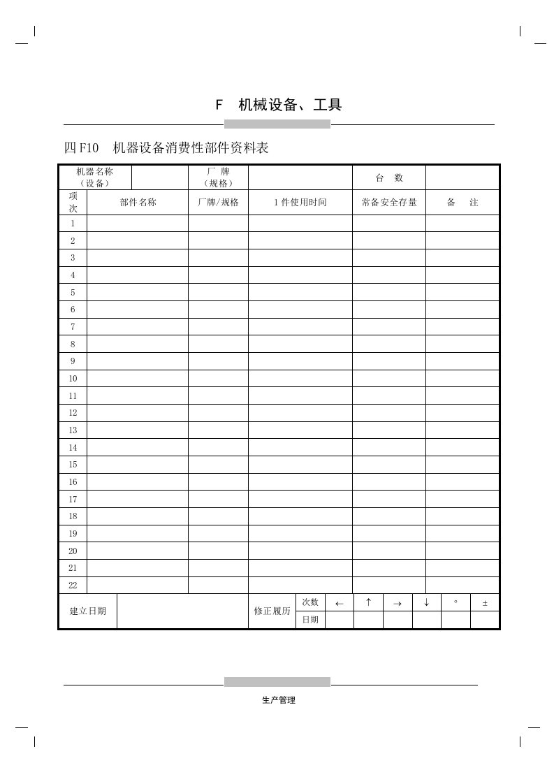 F10机器设备消费性部件资料表