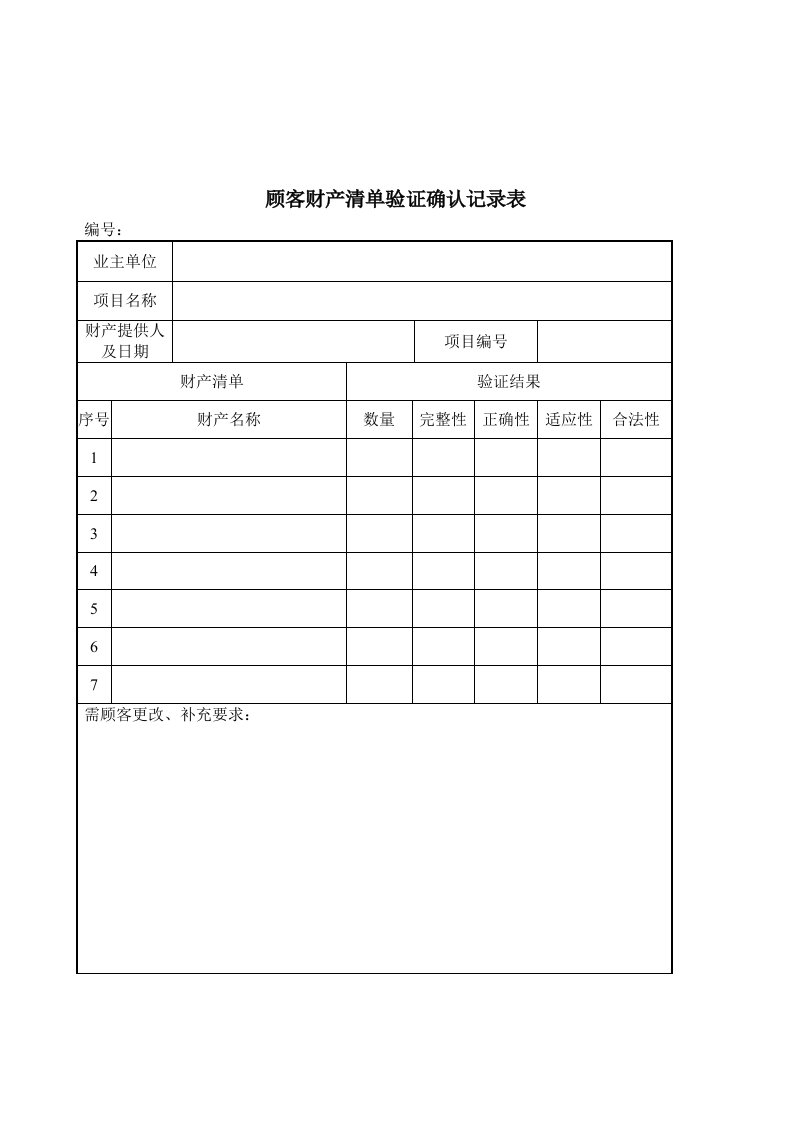 顾客财产清单验证确认记录表