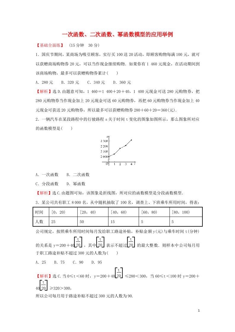 2021_2022学年高中数学课时练习26一次函数二次函数幂函数模型的应用举例含解析新人教A版必修1