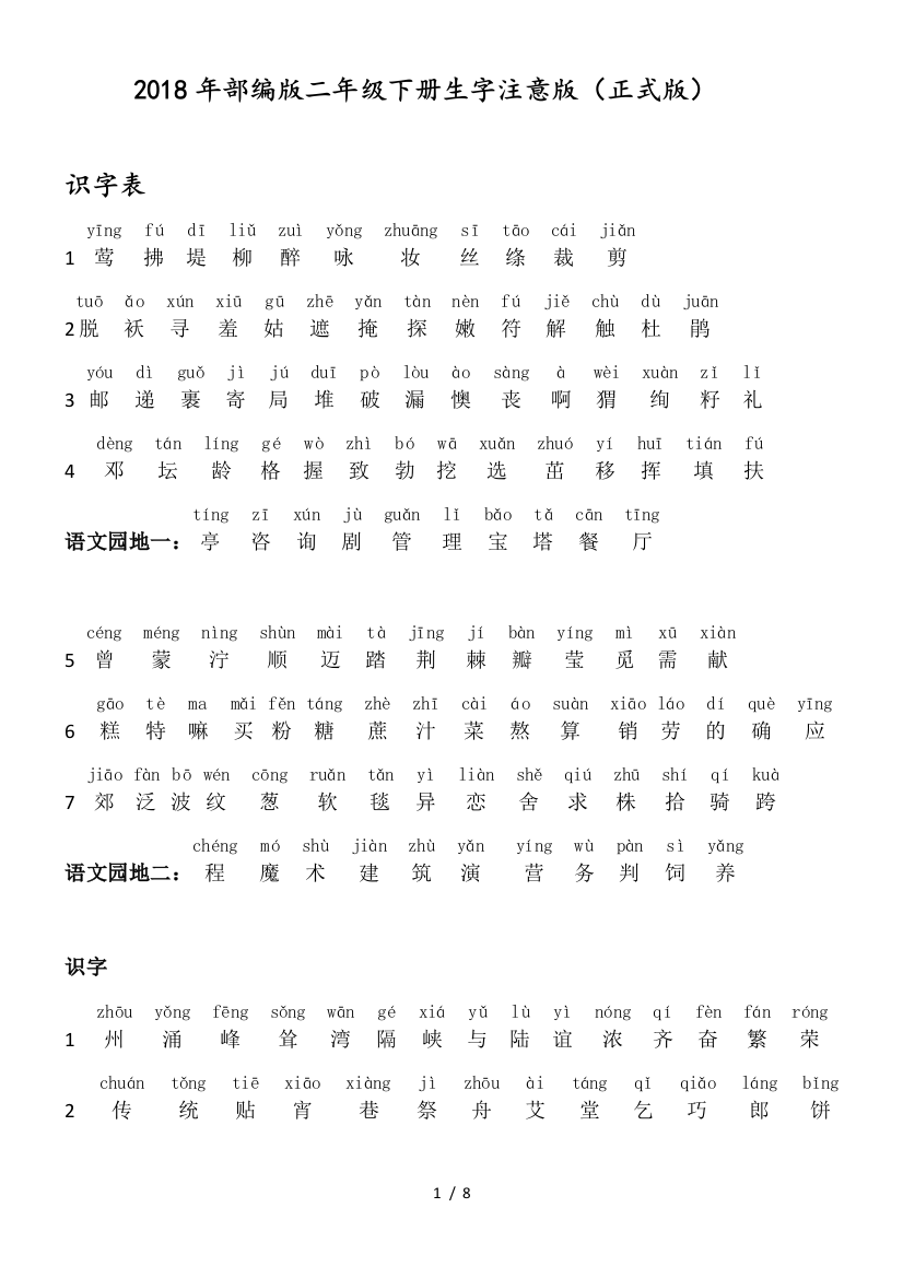 最新2019部编版二年级语文下册生字总汇所有均注音正式版