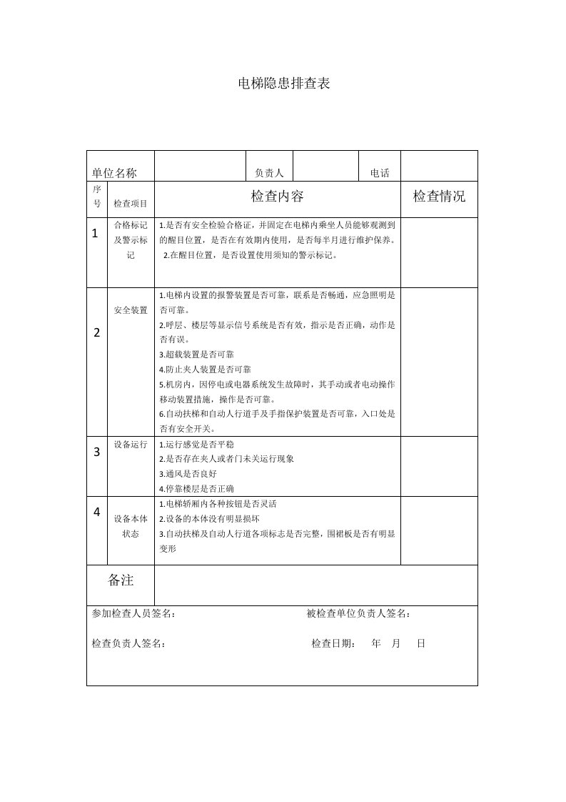 电梯隐患排查表