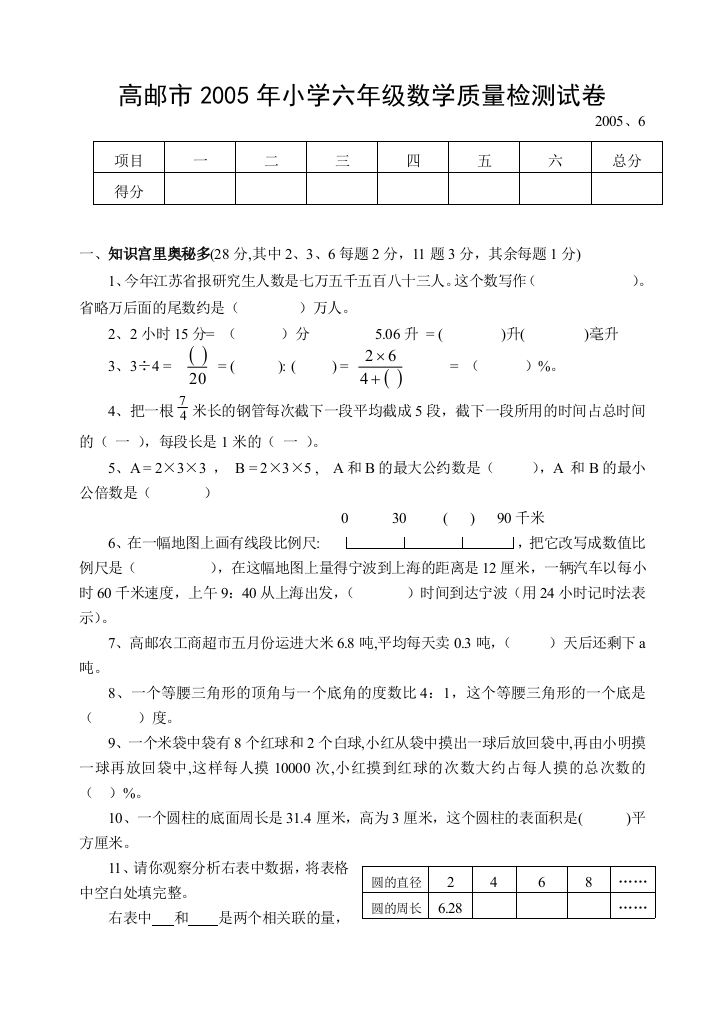 【小学中学教育精选】高邮市2005年小学六年级数学质量检测试卷[下学期]