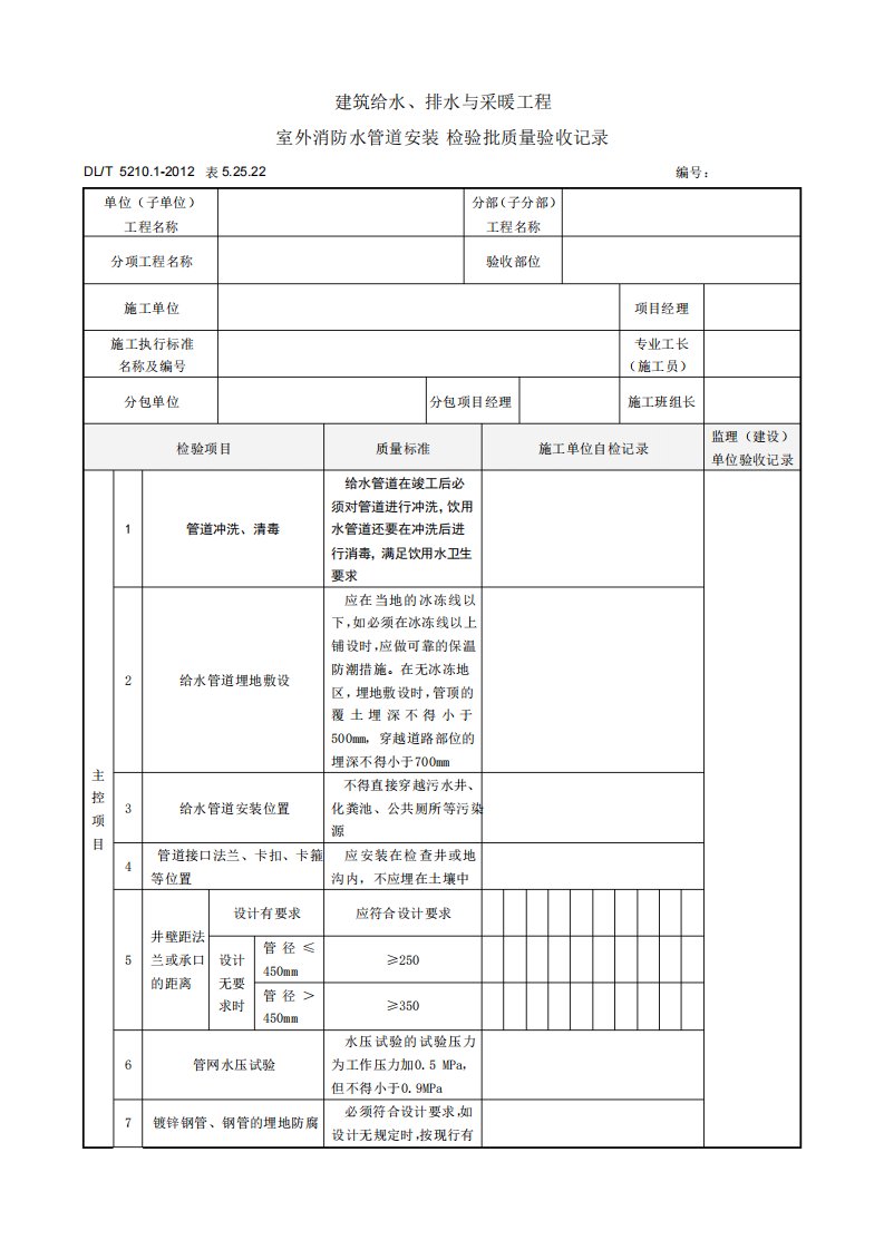 表52522室外消防水管道安装检验批质量验收记录