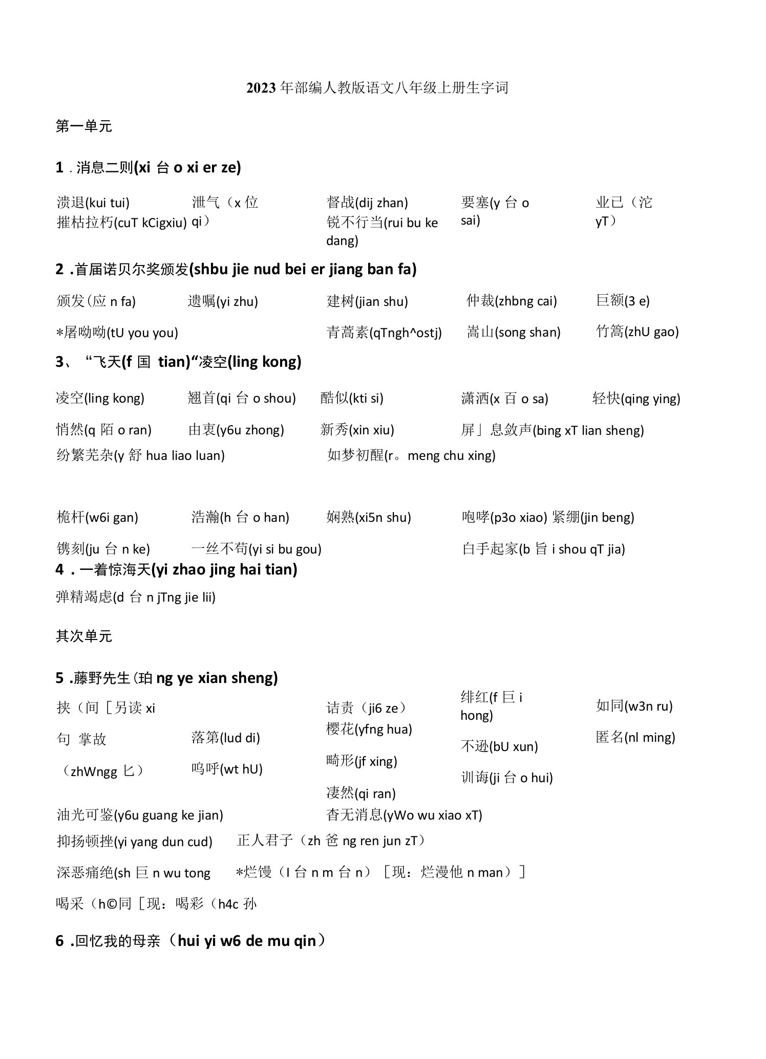 2023年部编人教版语文八年级上册生字词清单