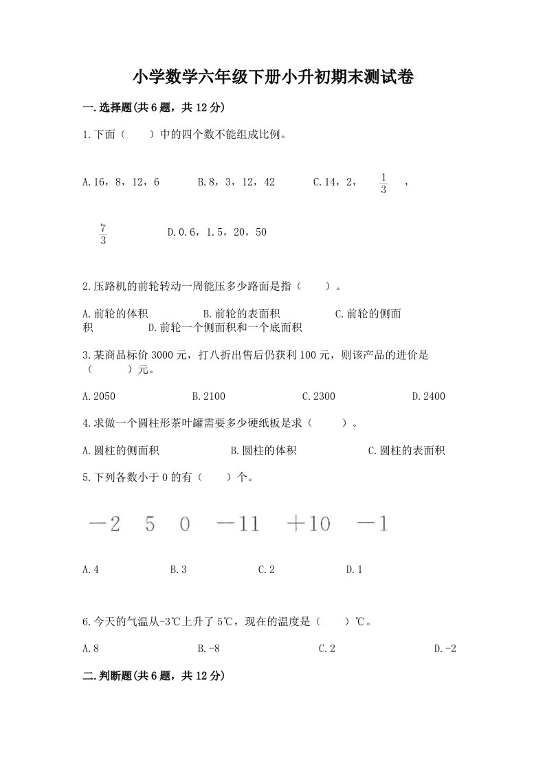 小学数学六年级下册小升初期末测试卷附答案【培优b卷】