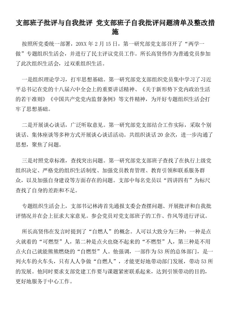 支部班子批评与自我批评党支部班子自我批评问题清单及整改措施