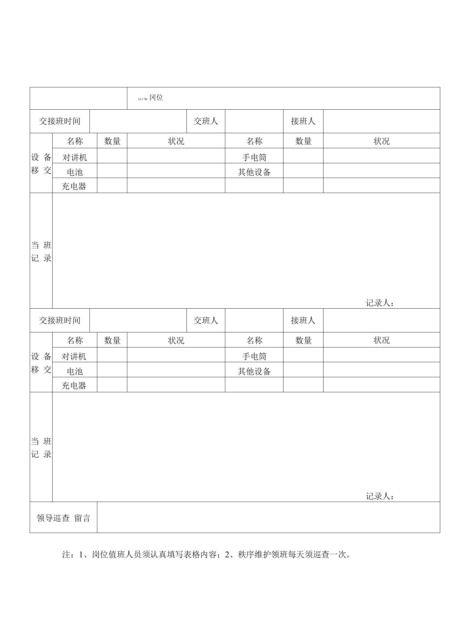 秩序维护员交接班记录表