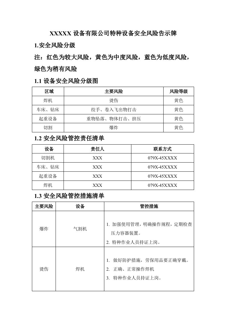 特种设备安全风险告示牌