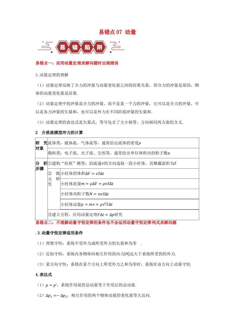 新高考专用备战2024年高考物理易错题精选易错点07动量3大陷阱教师版