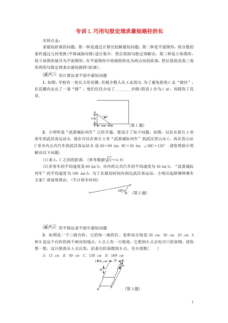 2022春八年级数学下册第十八章勾股定理18.1勾股定理阶段强化专训新版沪科版