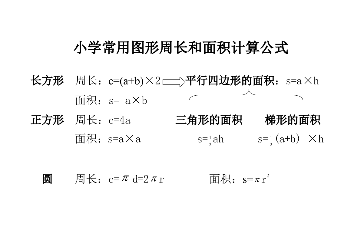 小学常用图形周长和面积计算公式