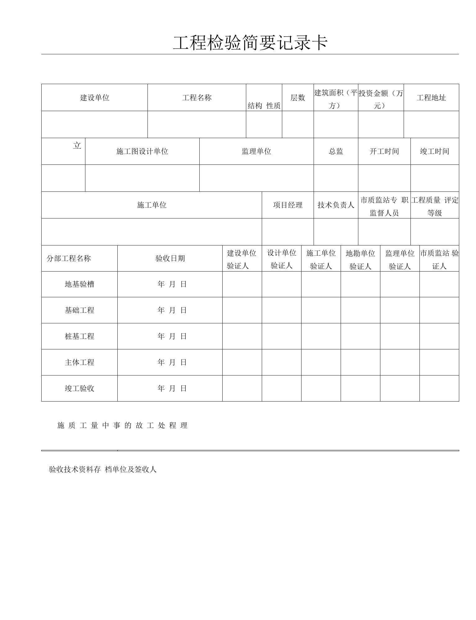 受理工程检验简要记录卡