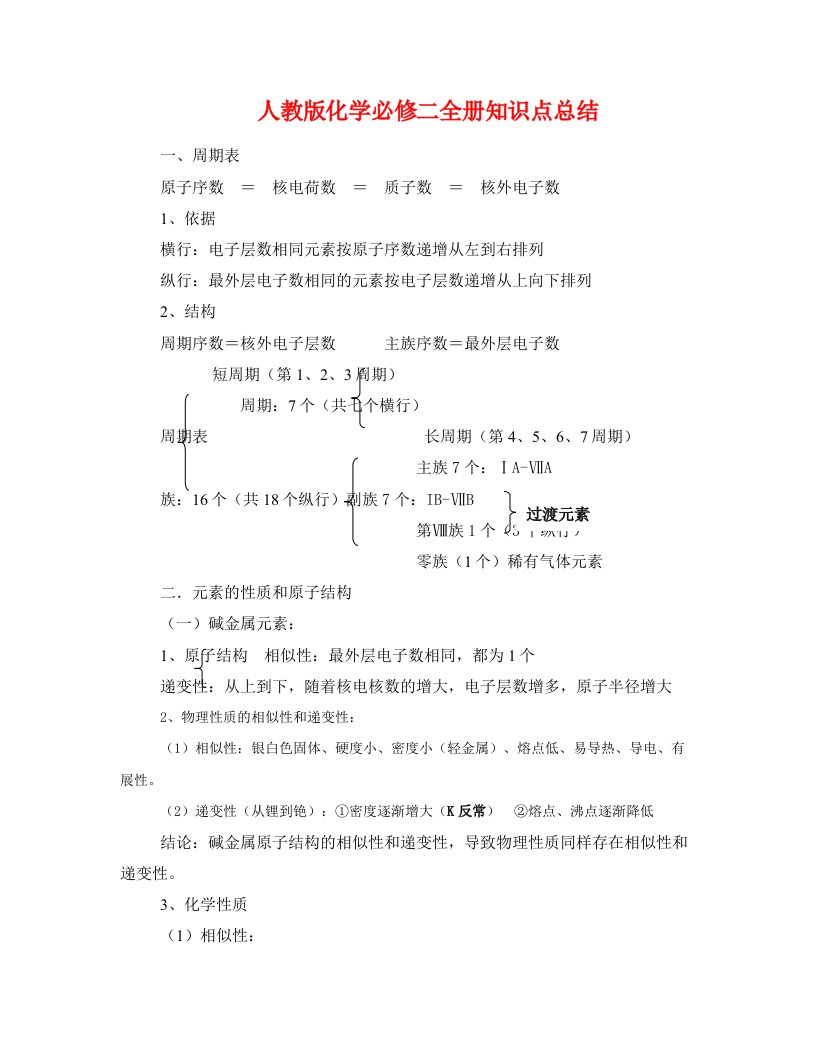 人教版化学必修二全册知识点总结