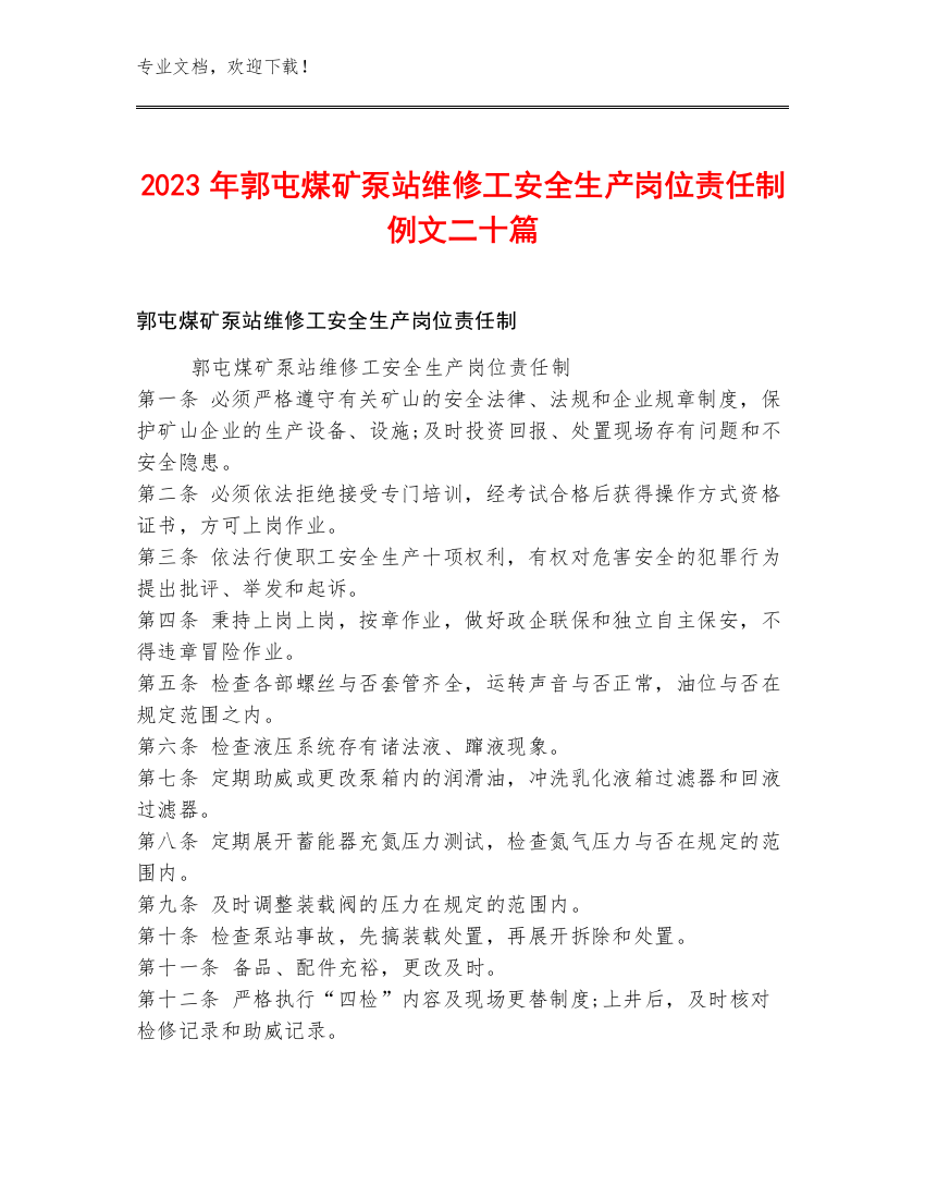 2023年郭屯煤矿泵站维修工安全生产岗位责任制例文二十篇