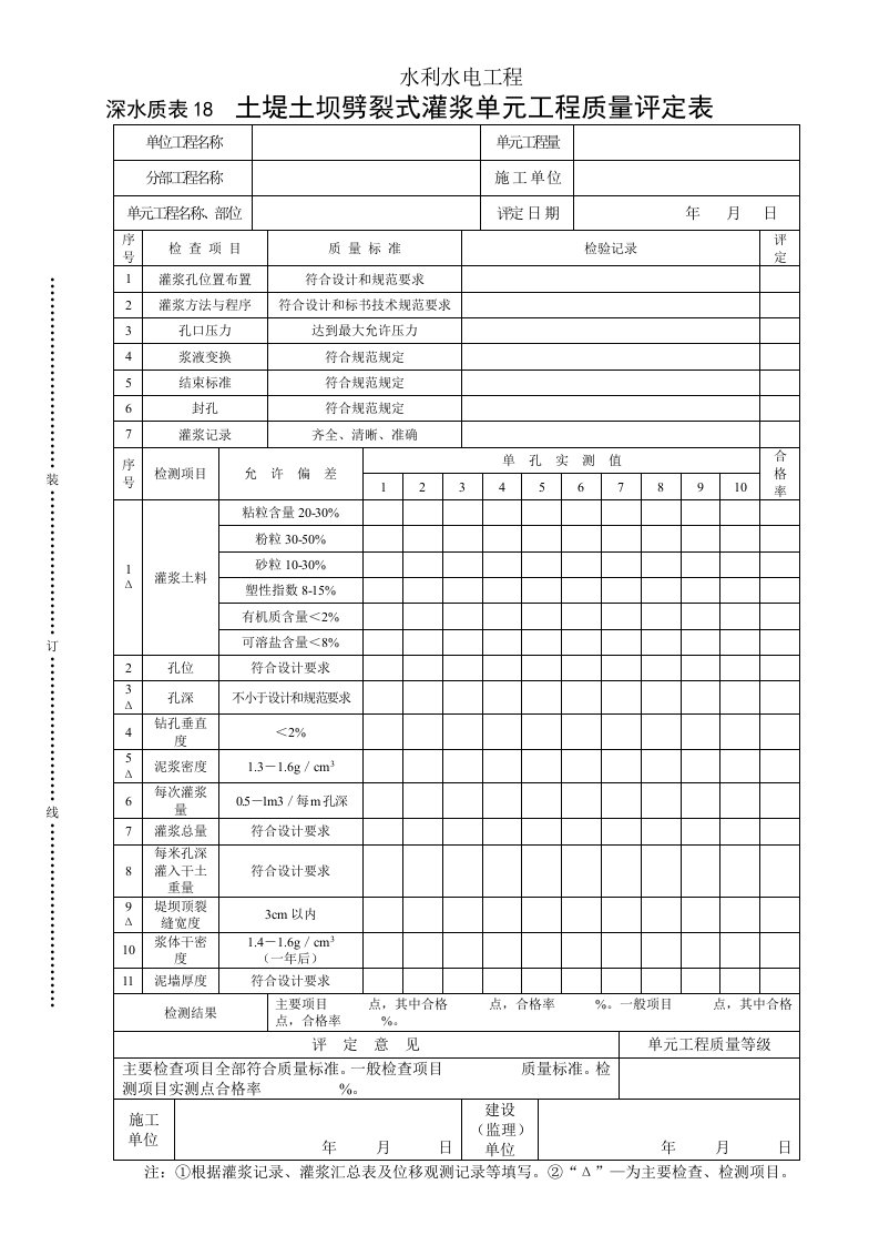 建筑资料-深水质表18土坝劈裂灌浆单元工程质量评定表