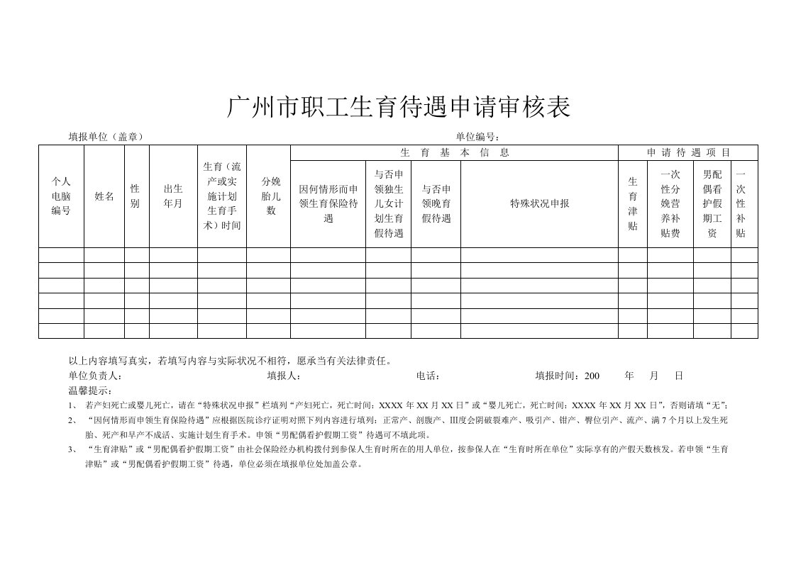 广州生育保险待遇申请表