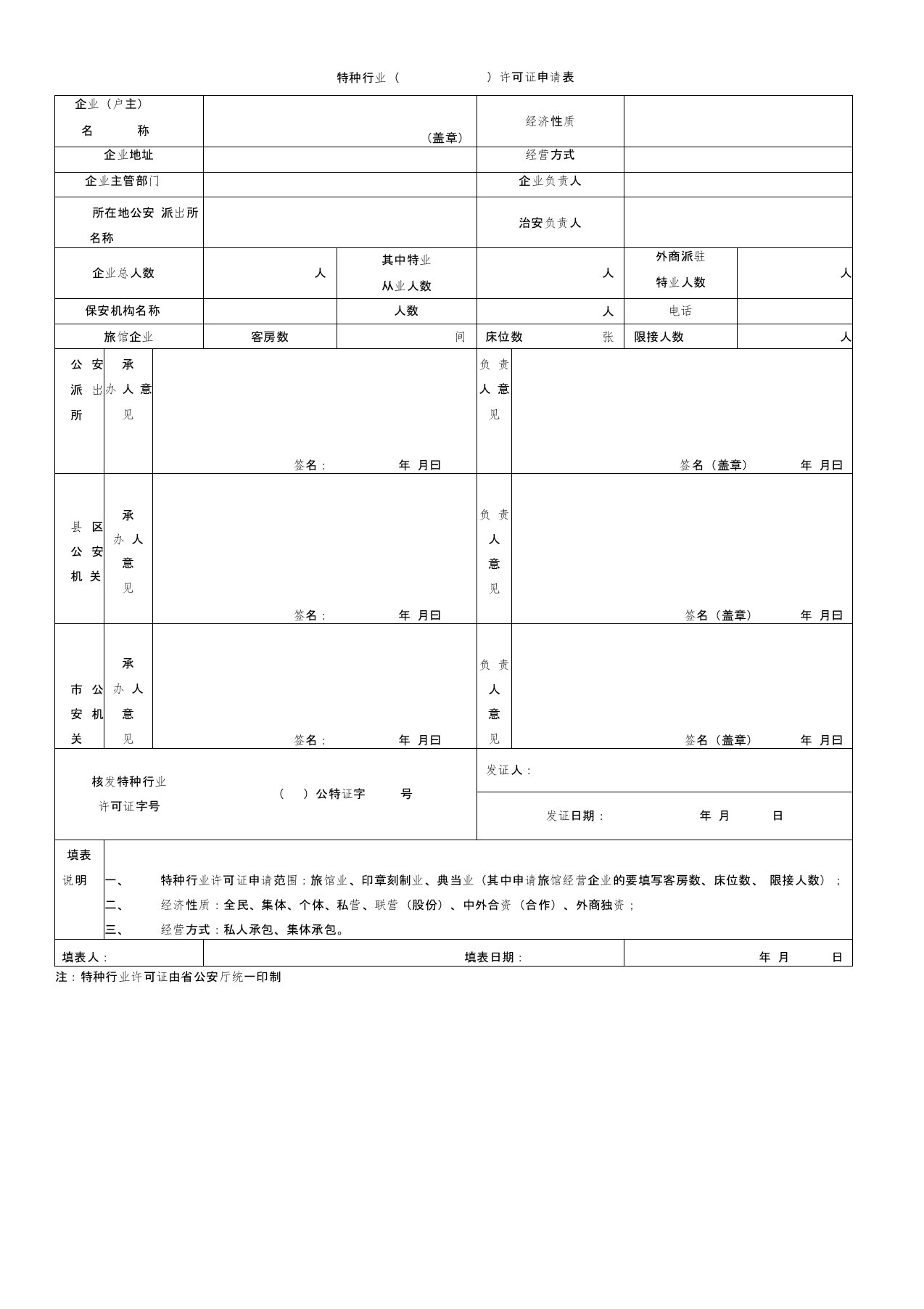 特种行业许可证申请表