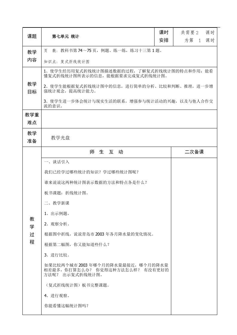 国标苏教版第十册数学第7-8单元教案（表格式）