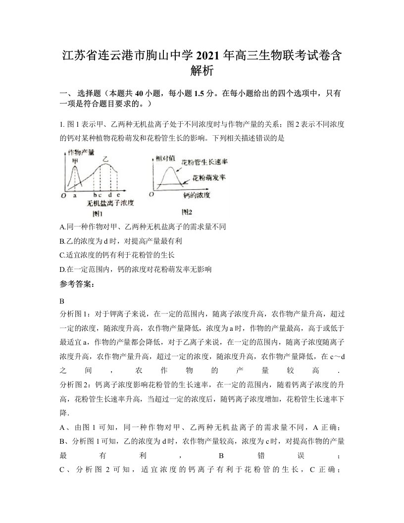 江苏省连云港市朐山中学2021年高三生物联考试卷含解析