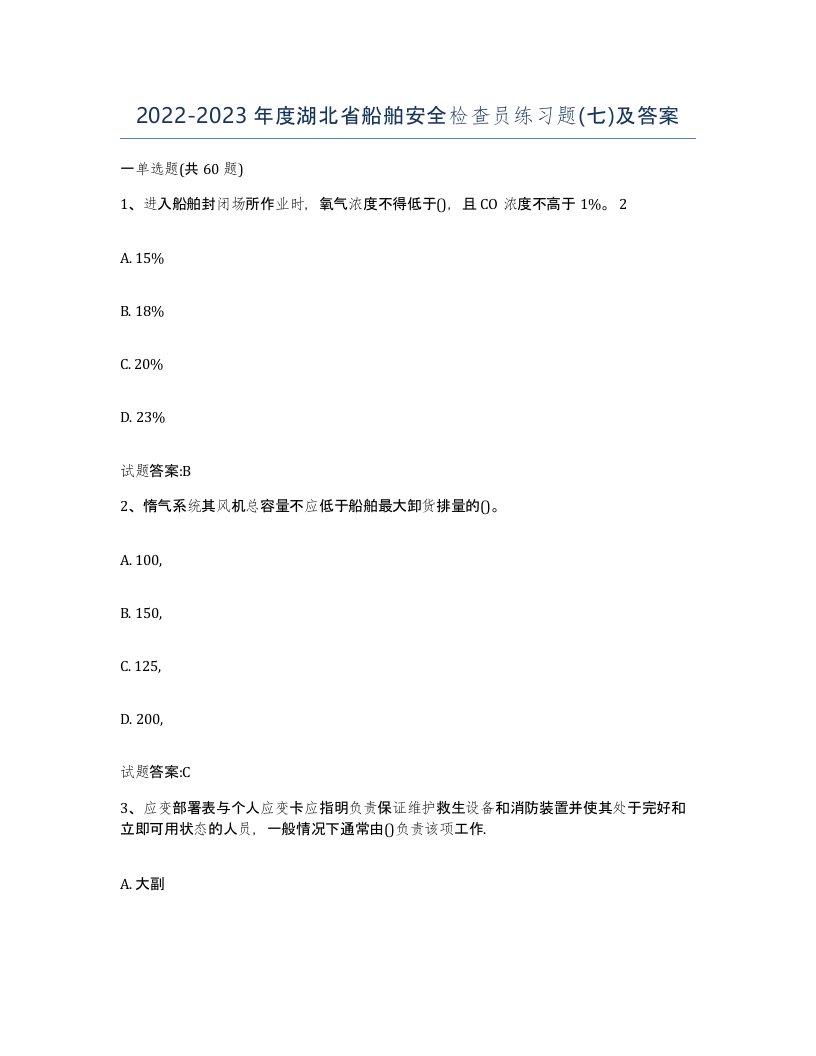 2022-2023年度湖北省船舶安全检查员练习题七及答案