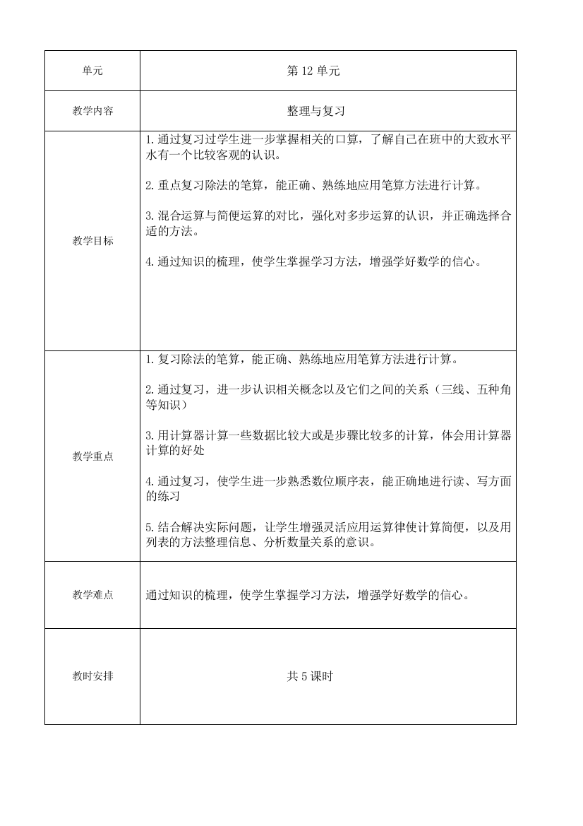 苏教版国标本数学四年级上册第12单元教案