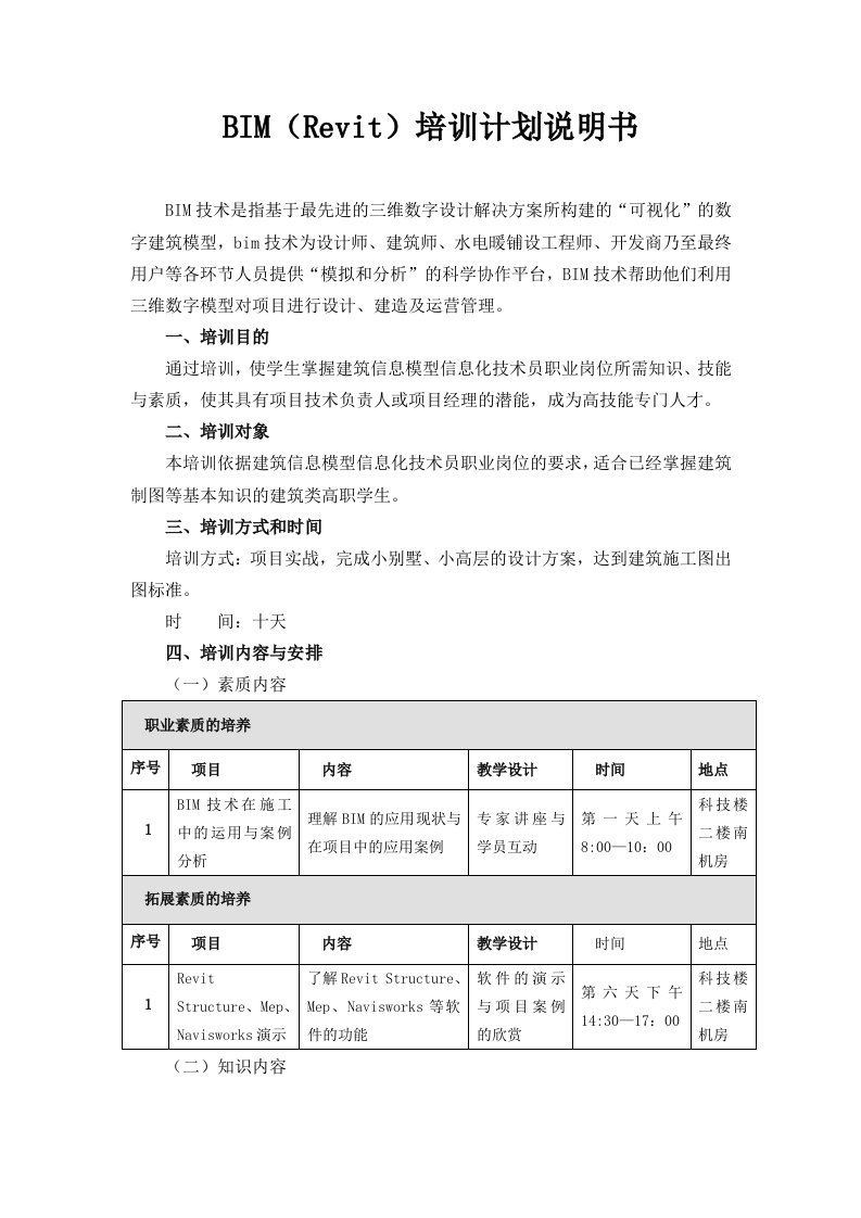 BIM(Revit)培训计划说明书