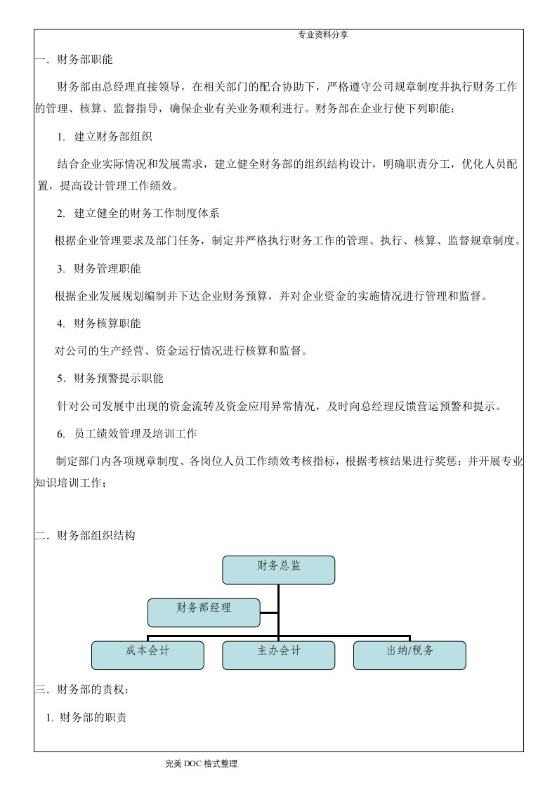 财务部职能及权责