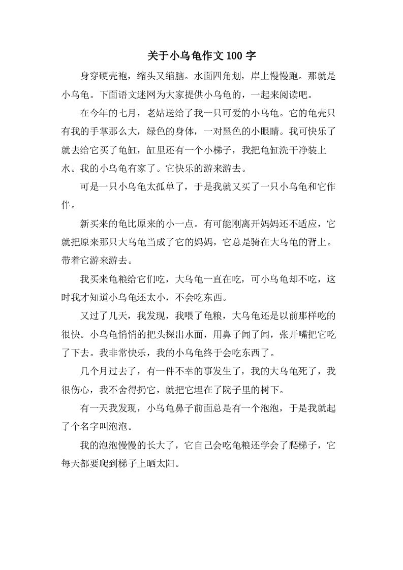 关于小乌龟作文100字