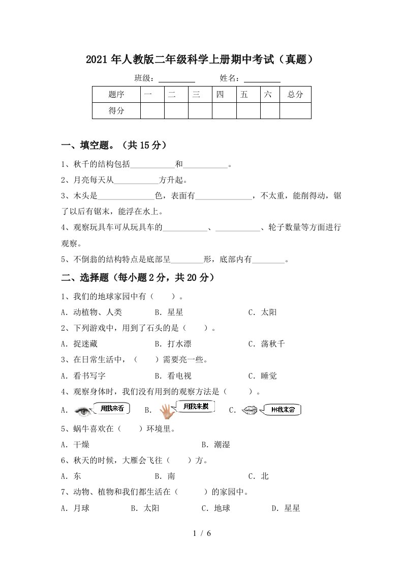 2021年人教版二年级科学上册期中考试真题