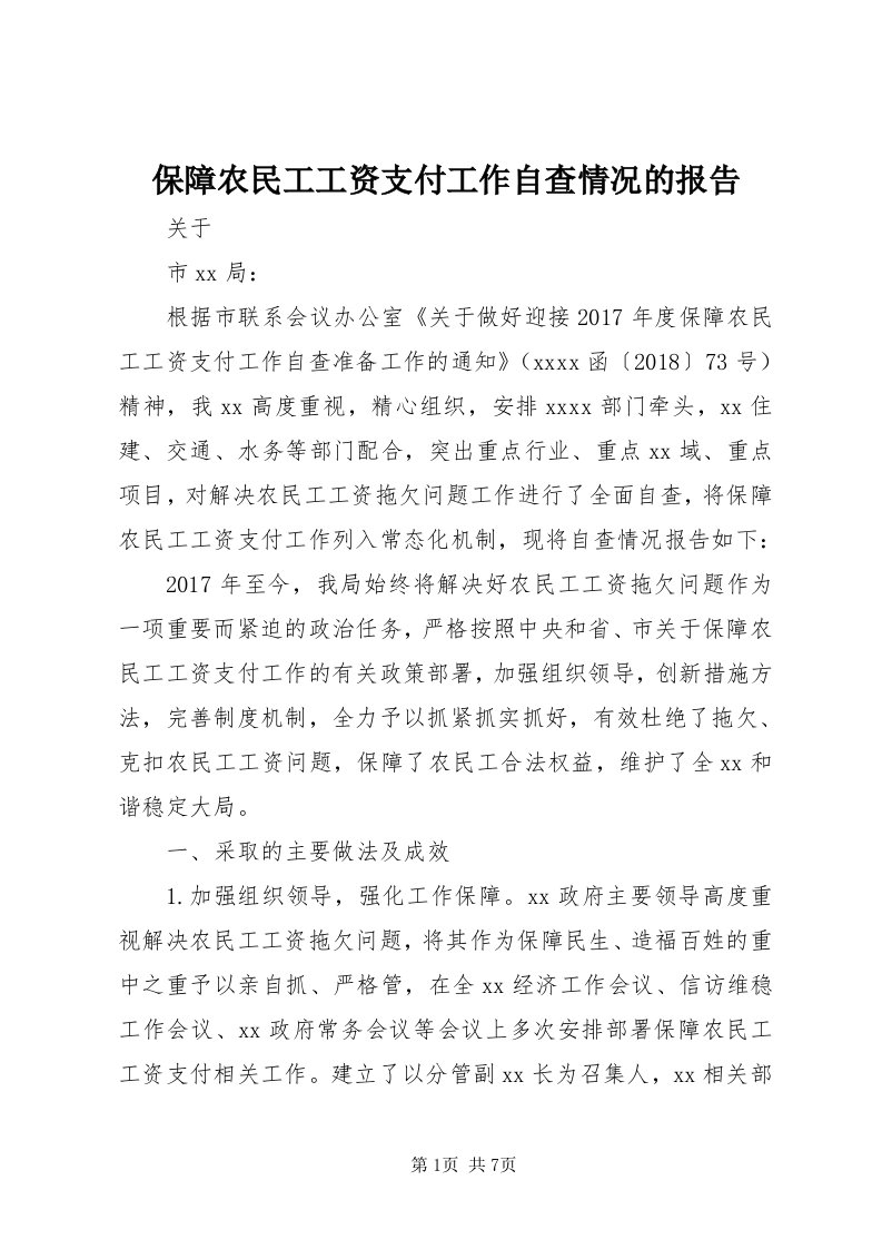 保障农民工工资支付工作自查情况的报告