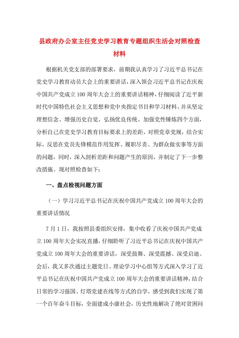 县政府办公室主任党史学习教育专题组织生活会对照检查材料