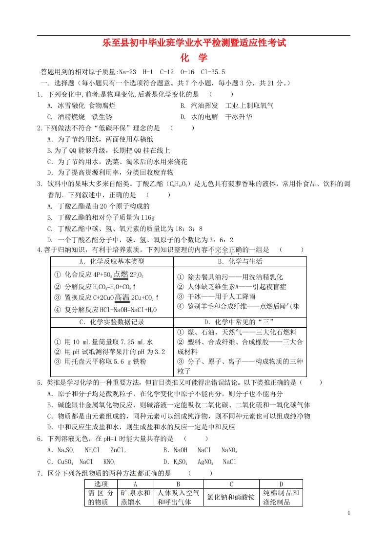 四川省资阳市乐至县九级化学第一次模拟试题